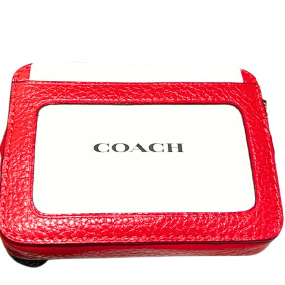 COACH Zip Card Case Cherry Leather Gunmetal Accents Detachable Chain - Picture 5 of 6